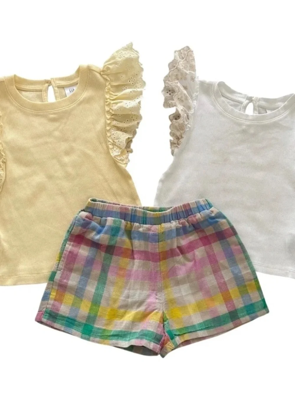 GAP Linen Blend Plaid Shorts & Top NWOT Yellow Ruffle Tee 3T Girls